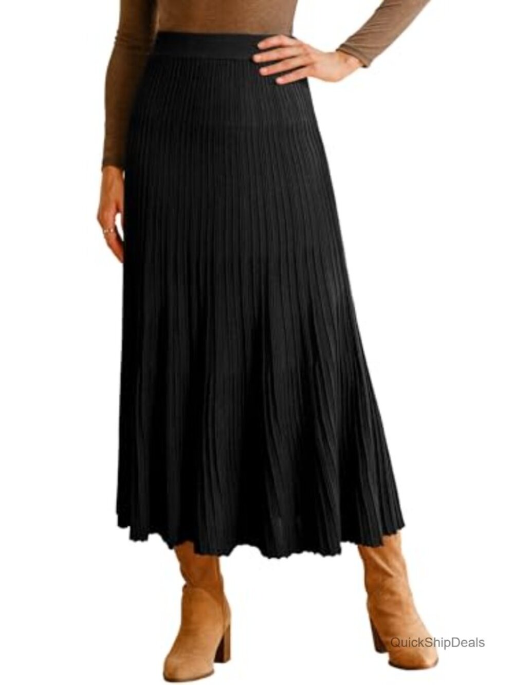 Wool Blend A-Line Pleated Flowy Long Skirt High Elastic Waist Calf Length